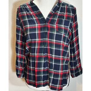 Market & Spruce Plaid Popover Top Women’s L Navy Red Long Sleeve 100% Rayon